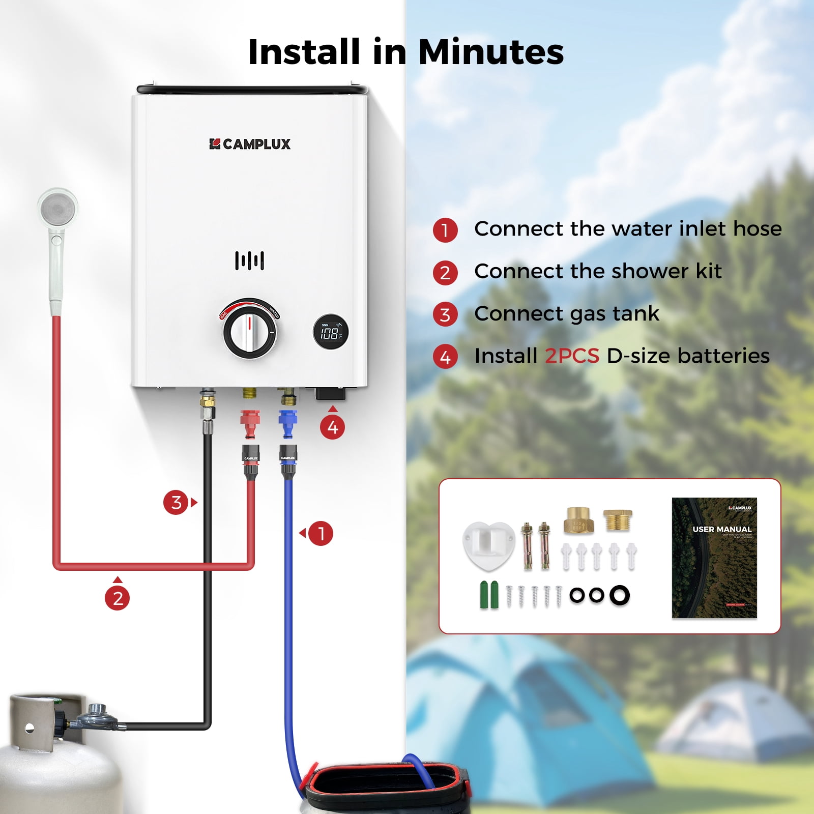 CAMPLUX First F5 Portable 1.32 GPM, 34,000 BTU Outdoor Propane Water Heater, Tankless Camping Water Heater with LCD Digital Display