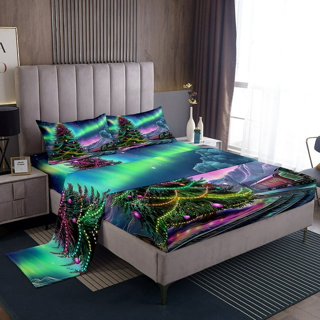 Erosebridal Xmas Tree Bed Sheets Set Queen Size, Psychedelic Aurora Bedding Set, 4-Piece,