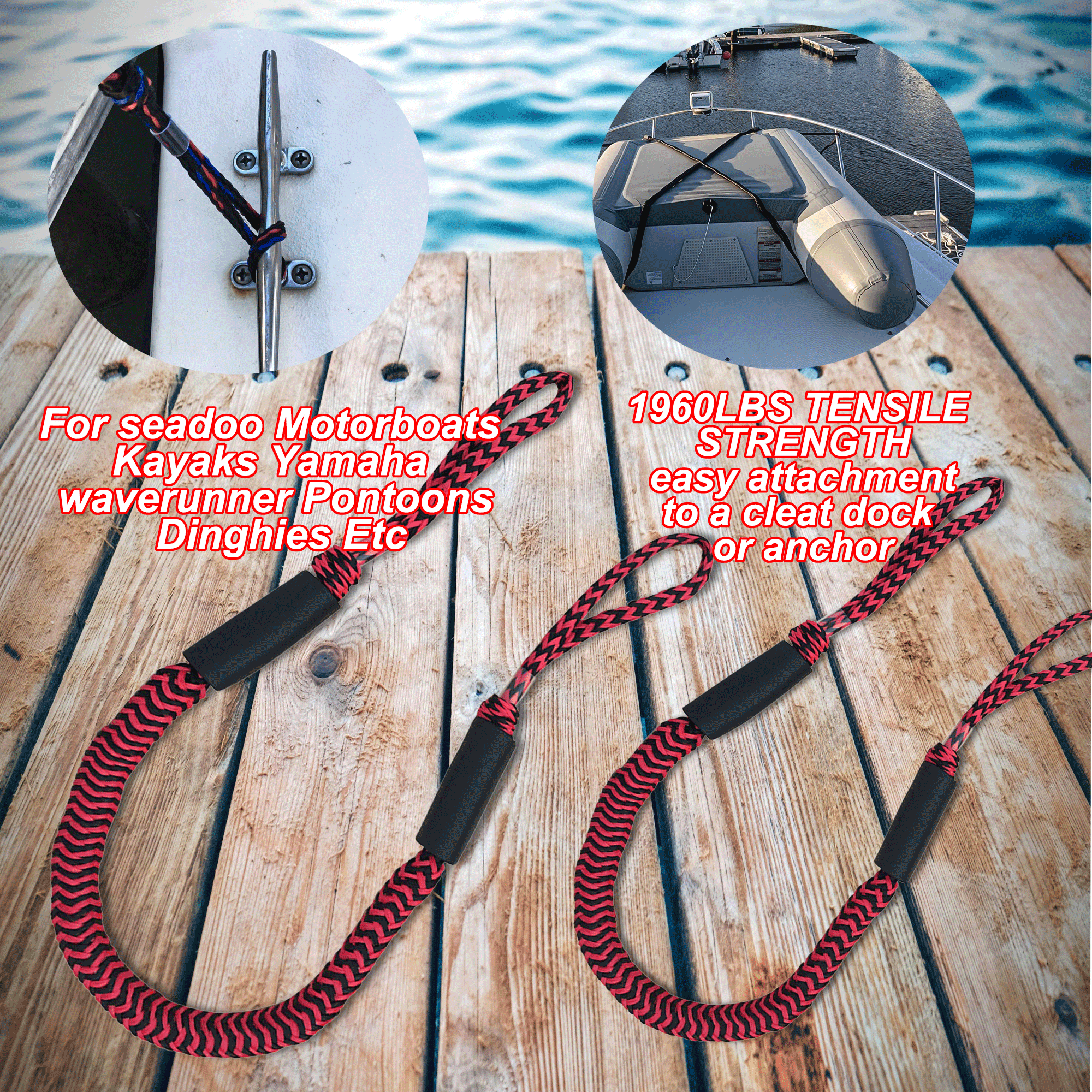 4FT Bungee Dock Line Mooring Rope with Built-in Bumpers, Ideal for Docking Accessories for Kayaks, Watercraft, SeaDoos, Jet Skis, Pontoons, Canoes, and Power Boats - 2 PCS Red Black