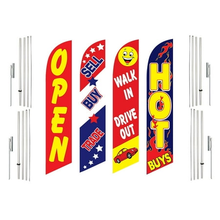 4 Swooper Flags With 4 Pole Kits Open Sell Buy Trade Walk In Drive Out Hot Buys