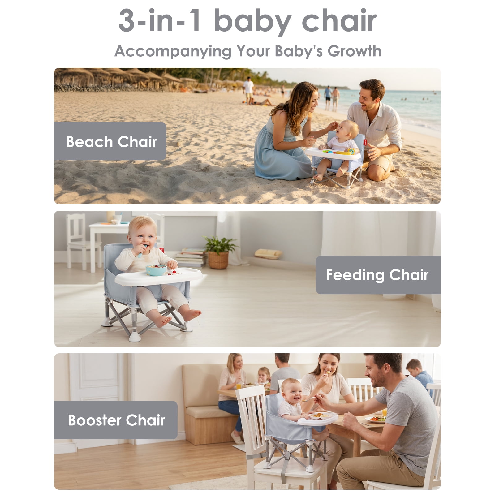 Tiny Marvels Portable Booster Seat, 3-in-1 Portable Baby High Chair with Tray, Safety Harness & Carry Bag, for Toddlers Ages 6M-3Y, Baby Chair for Travel, Camping & Home