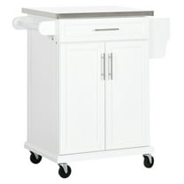 SAZYY White Kitchen Cart on Wheels with Stainless Steel Countertop, Includes Drawer, Towel & Spice Rack, Rolling Kitchen Island