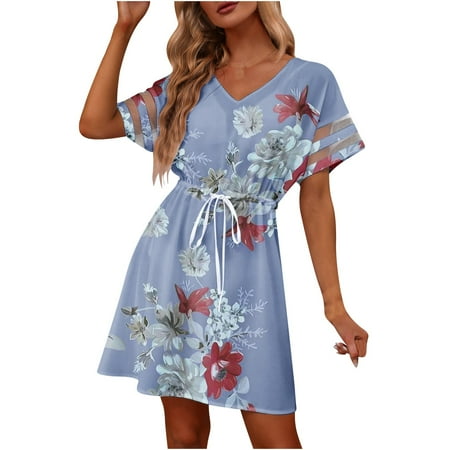 

Women s 2023 Summer Lace Splicing Short Sleeve Smocked Floral Dress V eck Lace Flowy Tiered Mid Dresses