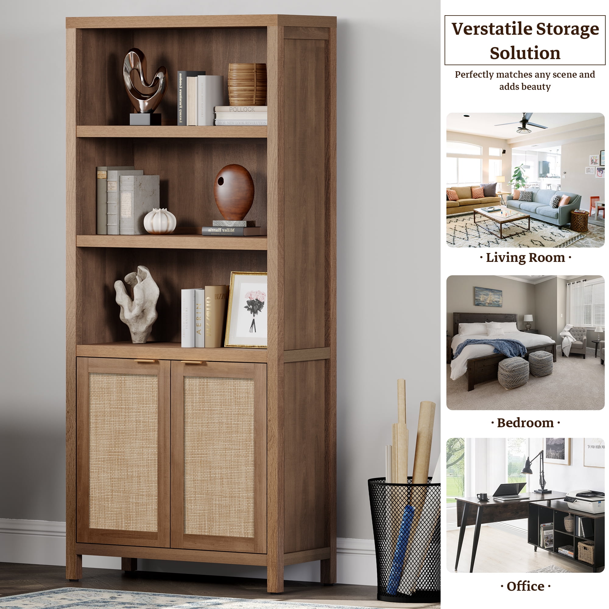 SICOTAS Rattan 5-Tier Bookshelf Set of 2, 5-Shelf Library Bookcase