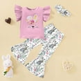 thumbnail image 2 of Toddler Girl Easter Outfit Toddler Kids Baby Girls Easter Outfits Short Sleeve Bunny Print Shirt Tops Flared Pants Bell Bottoms Headband 3Pcs Set My First Easter Pink 12 Months-18 Months, 2 of 6