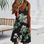 QTBIUQ Women's Flower Printing Casual Sleeveless V Neck Mini Summer Dress