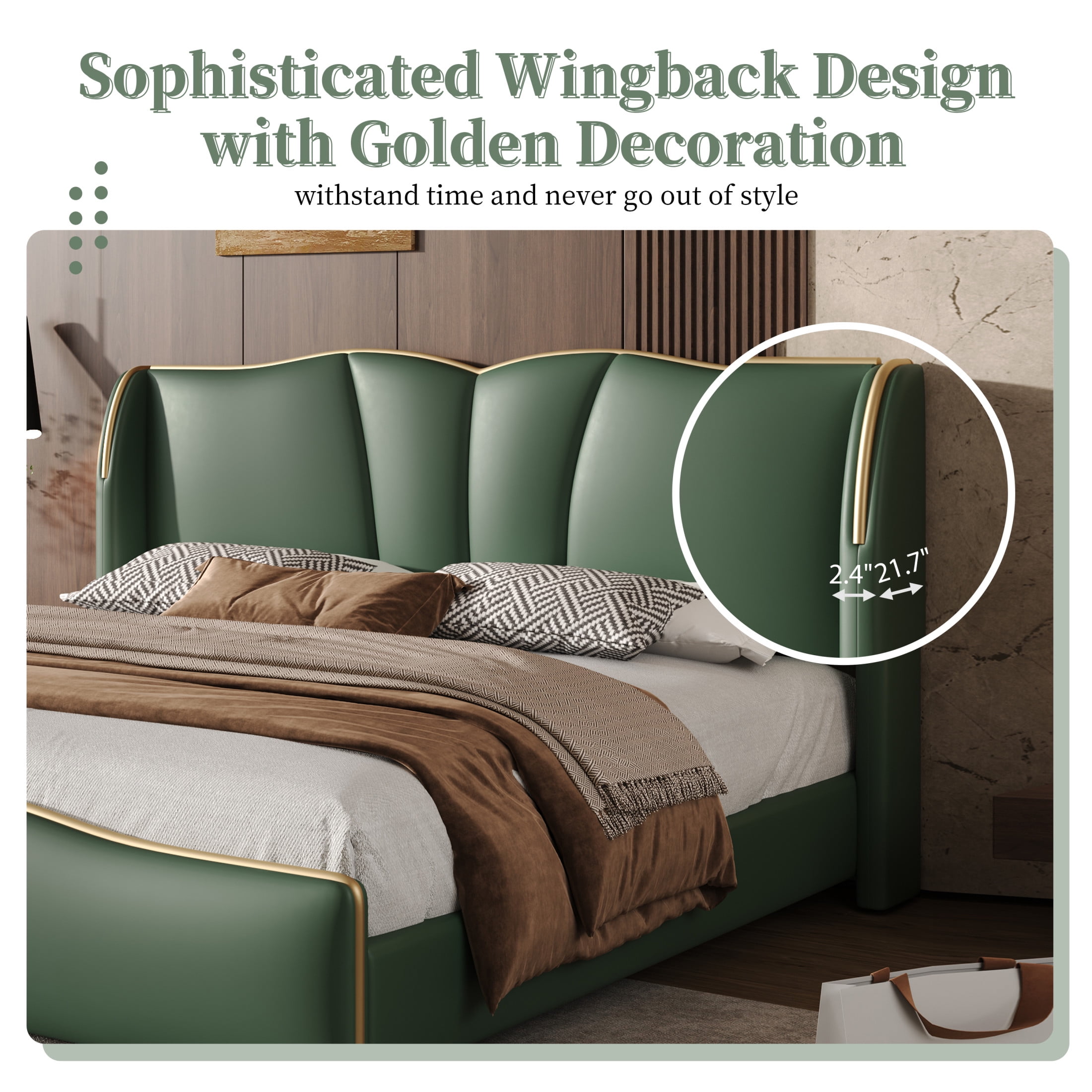 Christopher Knight Home Luxury PU Upholstered Queen Bed Frame with Wingback Headboard, Dark Green