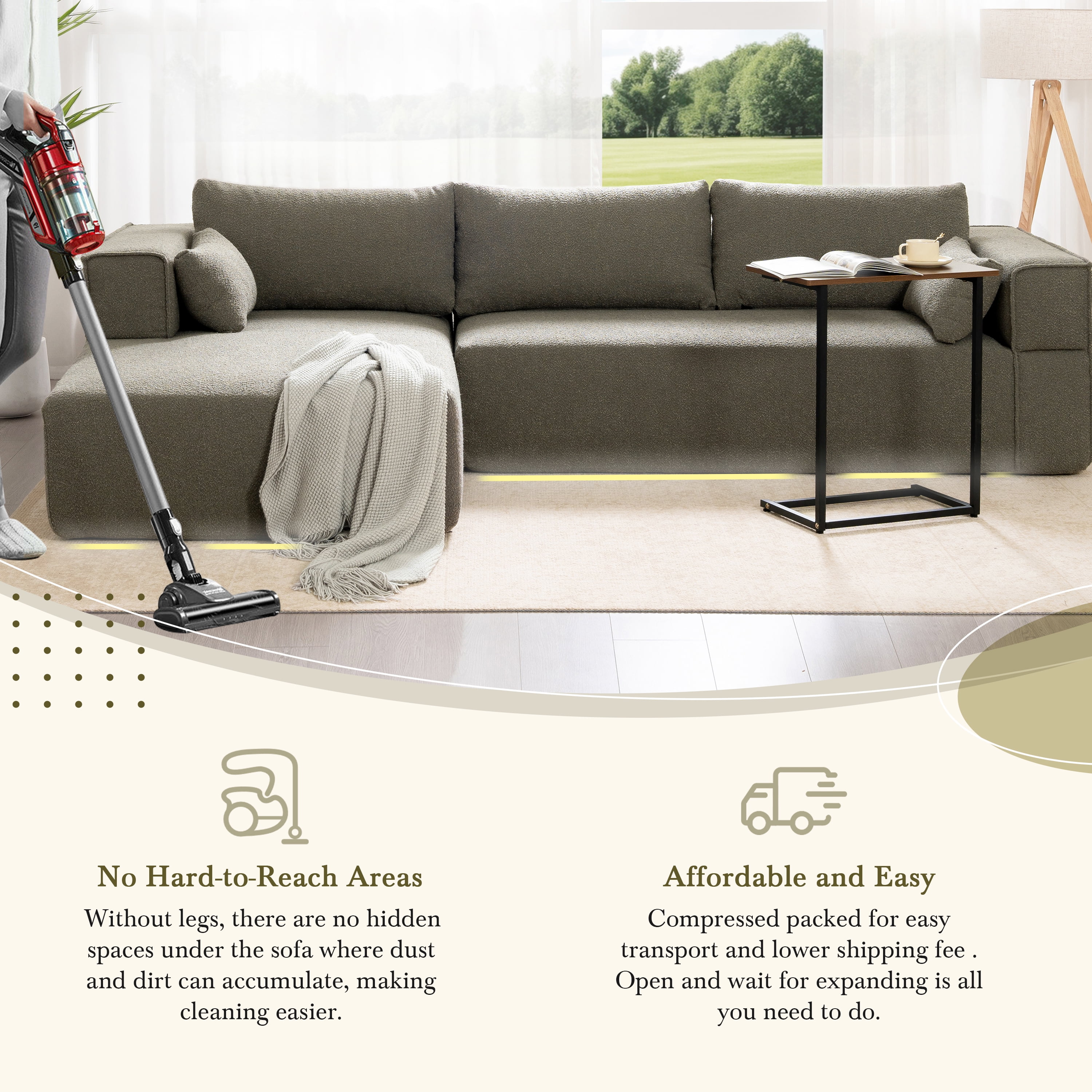 Sectional Sofa, Modular Couch, L-Shaped Fully Compressed with Free Side Table and 2 Pillows, No Assembly Required, Wrinkle-Resistant Boucle Fabric for Living Room, 112 Inch, Grayish Green