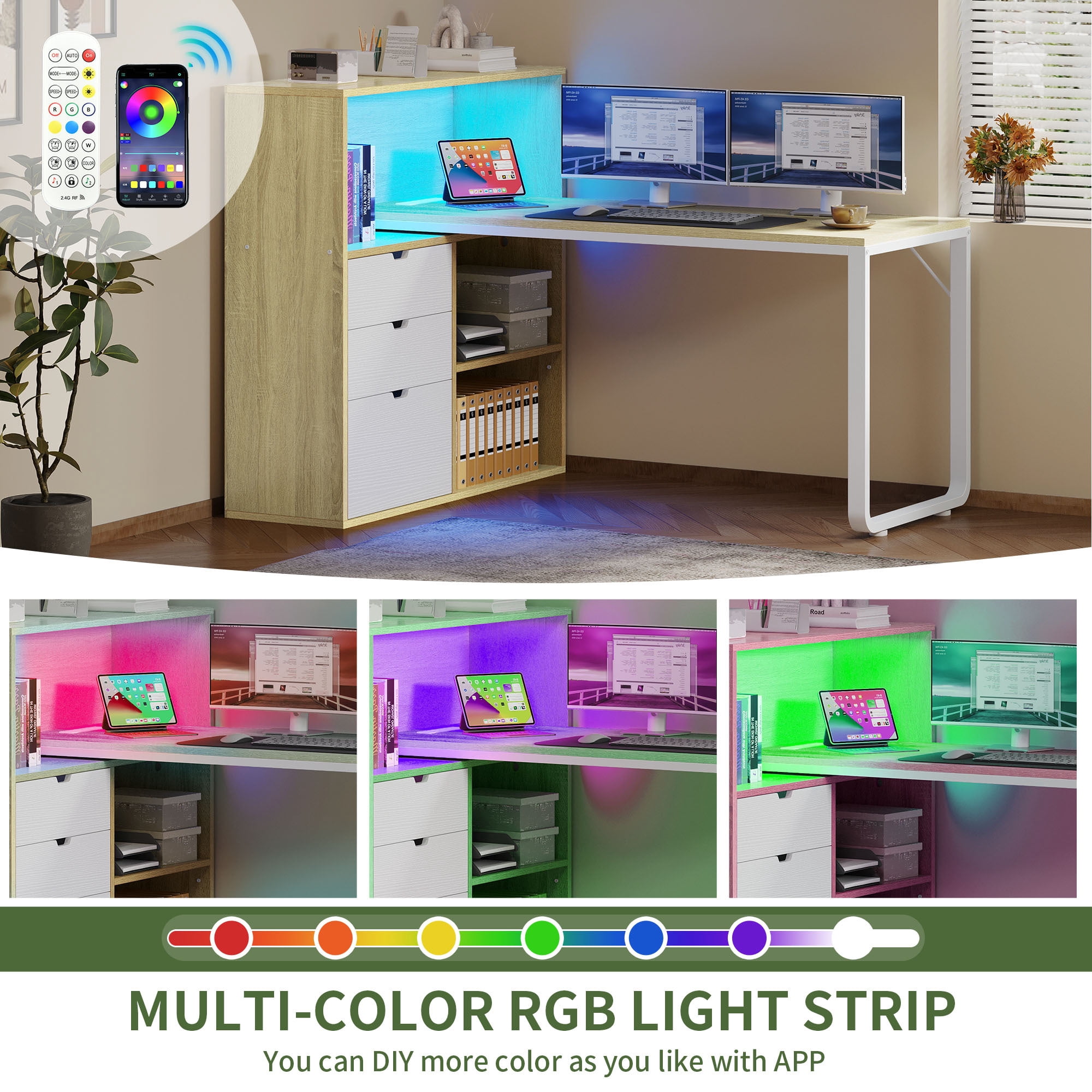 Uforic  55" Corner L Shaped Desk with Power Outlets & LED Lights & File Cabinet, 3 Drawers & 3 Storage Shelves, Home Office Desk with Bookshelf, White& Oak