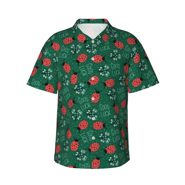 Balery Good Luck Ladybug Camisas hawaianas de manga corta para hombre, camisas playeras de corte holgado, camisas de vacaciones con botones,X-Large