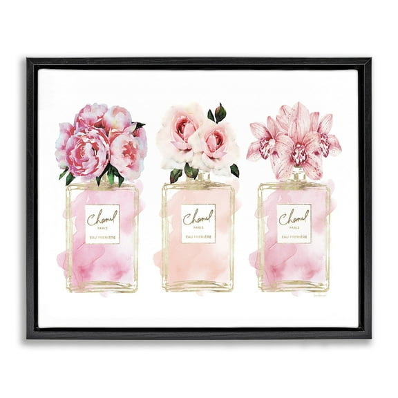 Stupell Industries Pink Flowers And Perfumes Glam Fashion Watercolor Design Jet Black Framed Floating Canvas Wall Art, 16x20, by Amanda Greenwood