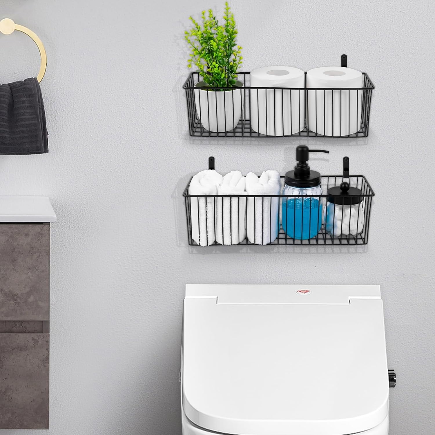 Wetheny Black Wire Basket Wall Mounted(4 Pack) - Metal Toilet Paper Storage Basket - Rectangular Wire Baskets for organizing Kitchen,Bathroom,Countertop