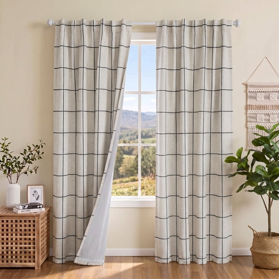 Uledge Black 100% Blackout Thermal Insulated Checkered Drapes, Linen Blend Rod Pocket Back Tab 84" for Living Room, 2 Panels