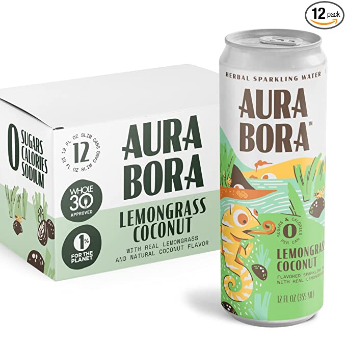 Lemongrass Coconut Herbal Sparkling Water by Aura Bora, 0 Calories, 0
