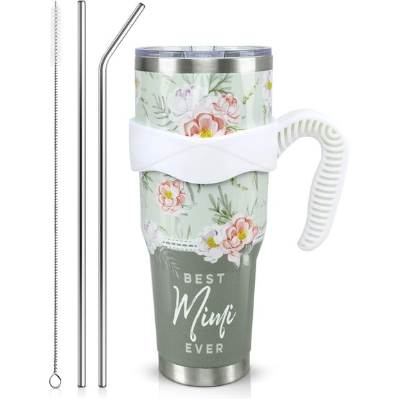 Mimi Tumbler 40oz, Mimi Cup Coffee Mug Tumbler with Handle and Straw, Mimi Gifts from Grandchildren, Mimi Gifts for Mimi Birthday Mothers Day Christmas Anniversary, Best Mimi Ever,Sage Green Floral