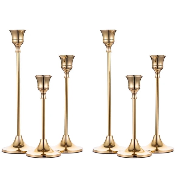 Nuptio 2 Sets(6 Pcs) Brass Gold Metal Taper Candle Holders Candlestick Holders