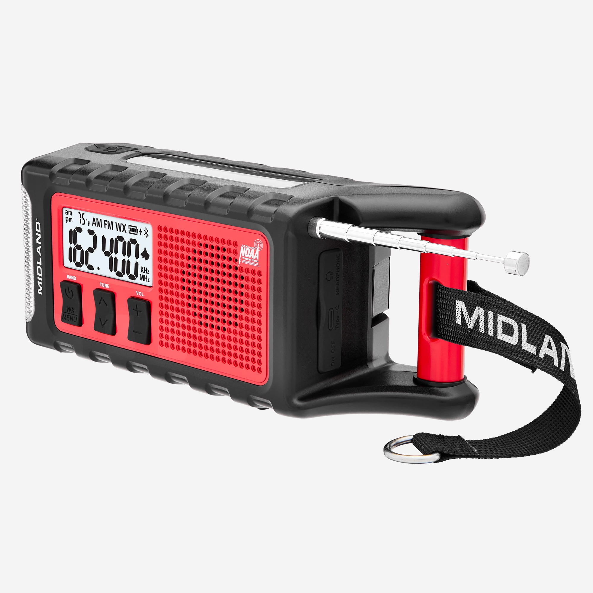 Midland ER310PRO Emergency Weather Radio – 10,000 mAh Power Bank, Bluetooth, NOAA Alerts, Solar/Crank/USB-C, Cree LED Flashlight, SOS – Red/Black