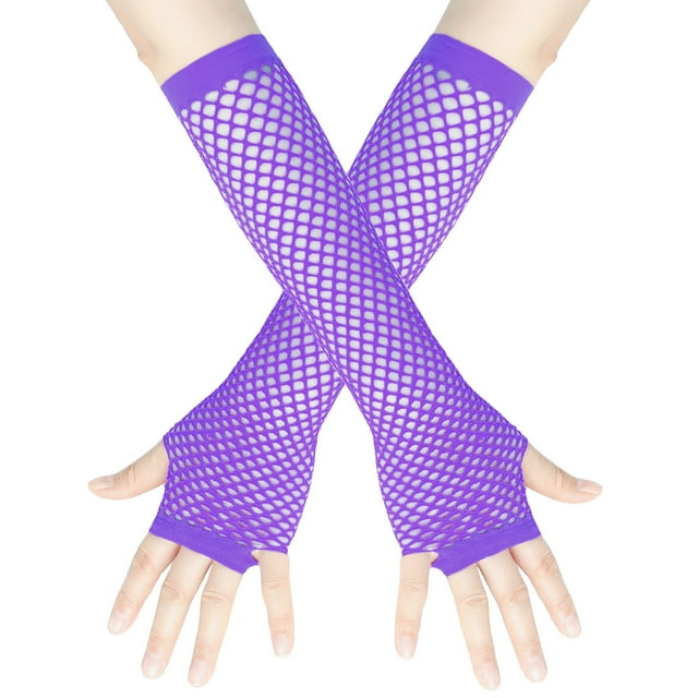 TIEVOSA Gants Longs Élastiques en Filet Grossier pour Femmes, Style Punk, Demi-Doigts, pour Boîte de Nuit, Carnaval, Fête (Violet)