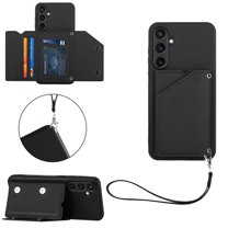ELEHOLD for Samsung Galaxy S24 Plus PU Leather Wallet Case with Card Holders Wrist Lanyard Handstrap Kickstand Function Shockproof Protective Wallet Cover for Samsung S24 Plus,Black