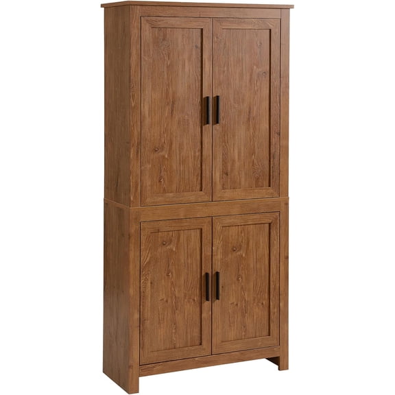 64" Kitchen Pantry Cabinet, Freestanding Storage Cabinet with 4 Doors and 3 Adjustable Shelves for Dining Room, Oak