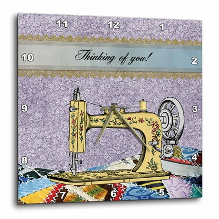 3dRose Vintage Flowered Yellow Sewing Machine with Colorful Quilt, Thinking of you, Wall Clock, 13 by 13-inch