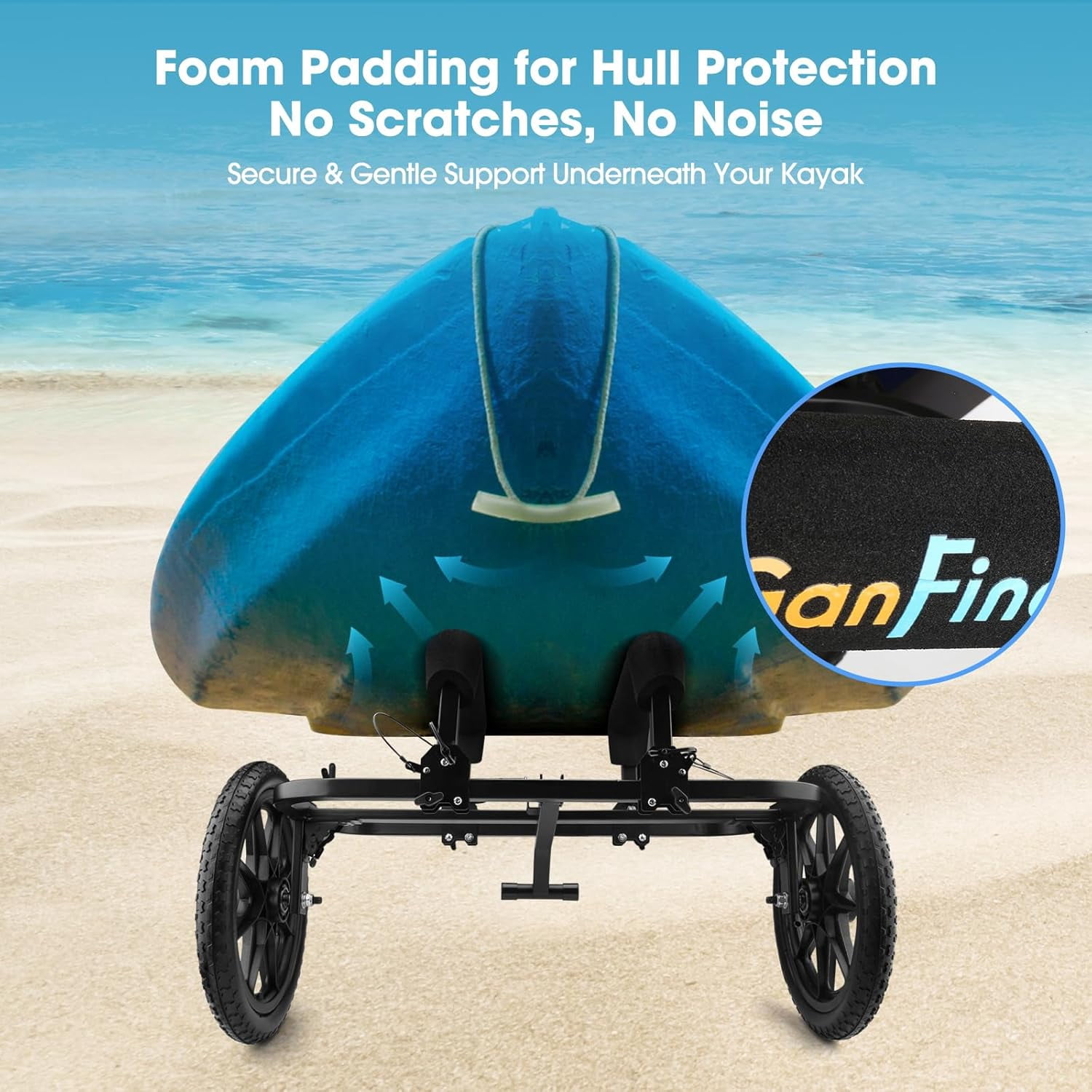 GanFindX Heavy Duty Kayak Cart Canoe Trolley with Solid Foam Wheels, Foldable Kayak Carrier Dolly with Upright Crossbar & Tie Down Straps for Kayak, Canoe, Paddle Board Transport