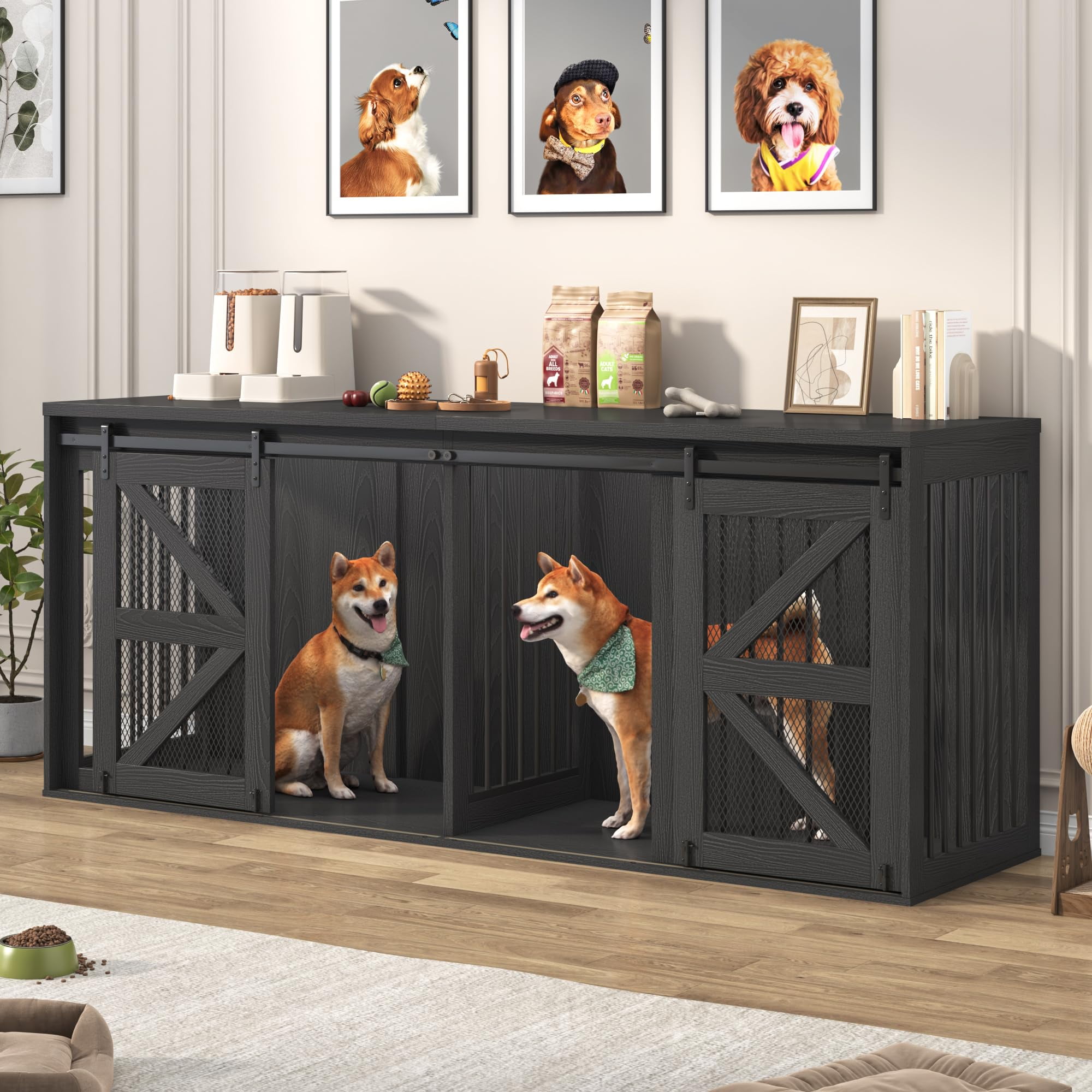 Blotout 87" Large Farmhouse Dog Crate TV Stand, Wooden Dog Crate Furniture with with Divider Panel/Sliding Metal Mesh Barn Door, XL-XXL Heavty Duty Dog Crates Furniture for 2 Medium or Large Dogs
