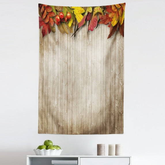 Fall Tapestry, Autumn Leaves and Berries Border on Vintage Wooden Background Botanical Vivid Print, Fabric Wall Hanging Decor for Bedroom Living Room Dorm, 5 Sizes, Multicolor, by Ambesonne