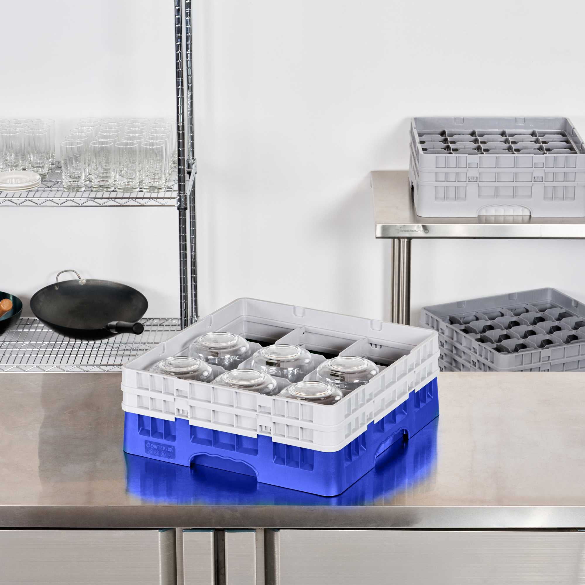 Clean Tek Professional Blue Glass Rack - 9 Compartments, 1 Full Drop and 1 Half Drop Extender - 19 3/4" x 19 3/4" x 7 1/4" - 1 count box