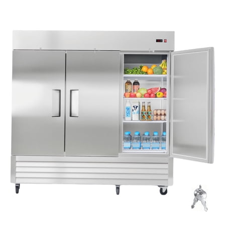 KFFKFF Commercial Stainless Steel Refrigerator, 85" Wide, 69 Cu.Ft Capacity, Three-Door Upright Design with Auto-Defrost, 12 Adjustable Shelves, Temperature Range 32-50℉, ETL Certified