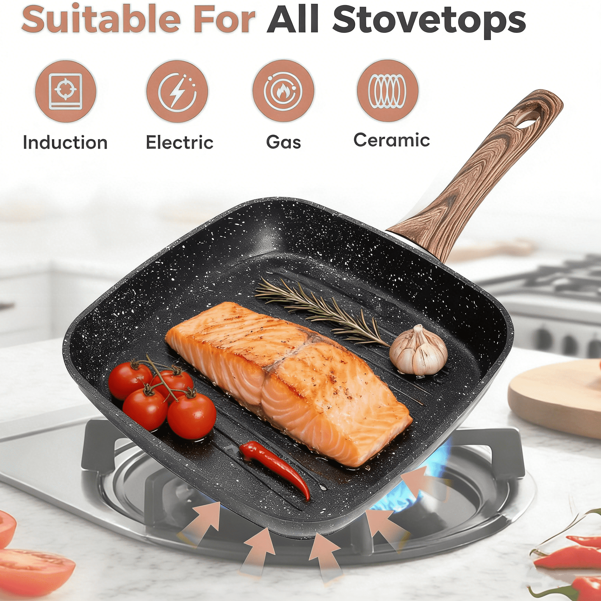 Parcus 3 Pieces Nonstick Grill Pan Set, Square Grill Pans with Stay-Cool Handles, Compatible with All Stovetops for Steak BBQ Vegetables, (9.5" 10" 11"), Black