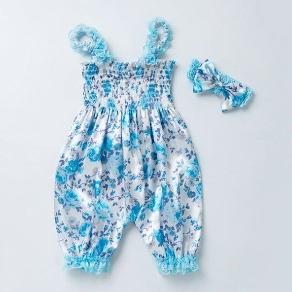 Ovbmpzd Sleeveless Preemie Pajamas for Girls Flare Blue Tropical Strappy Smocked Lace Romper Baby Girl Sleepers 66