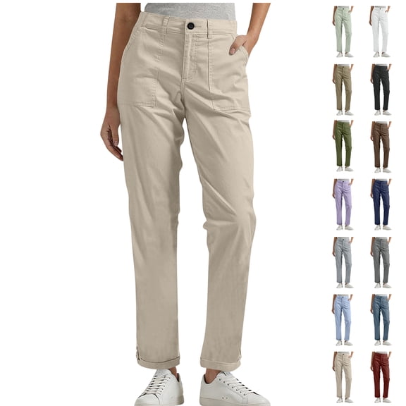 Women's Summer Fashion Pants Solid-Color Casual Straight-Button Pocket Work Beige Quick Dry Gym Sweatpants (M)Spring And Fall Wear