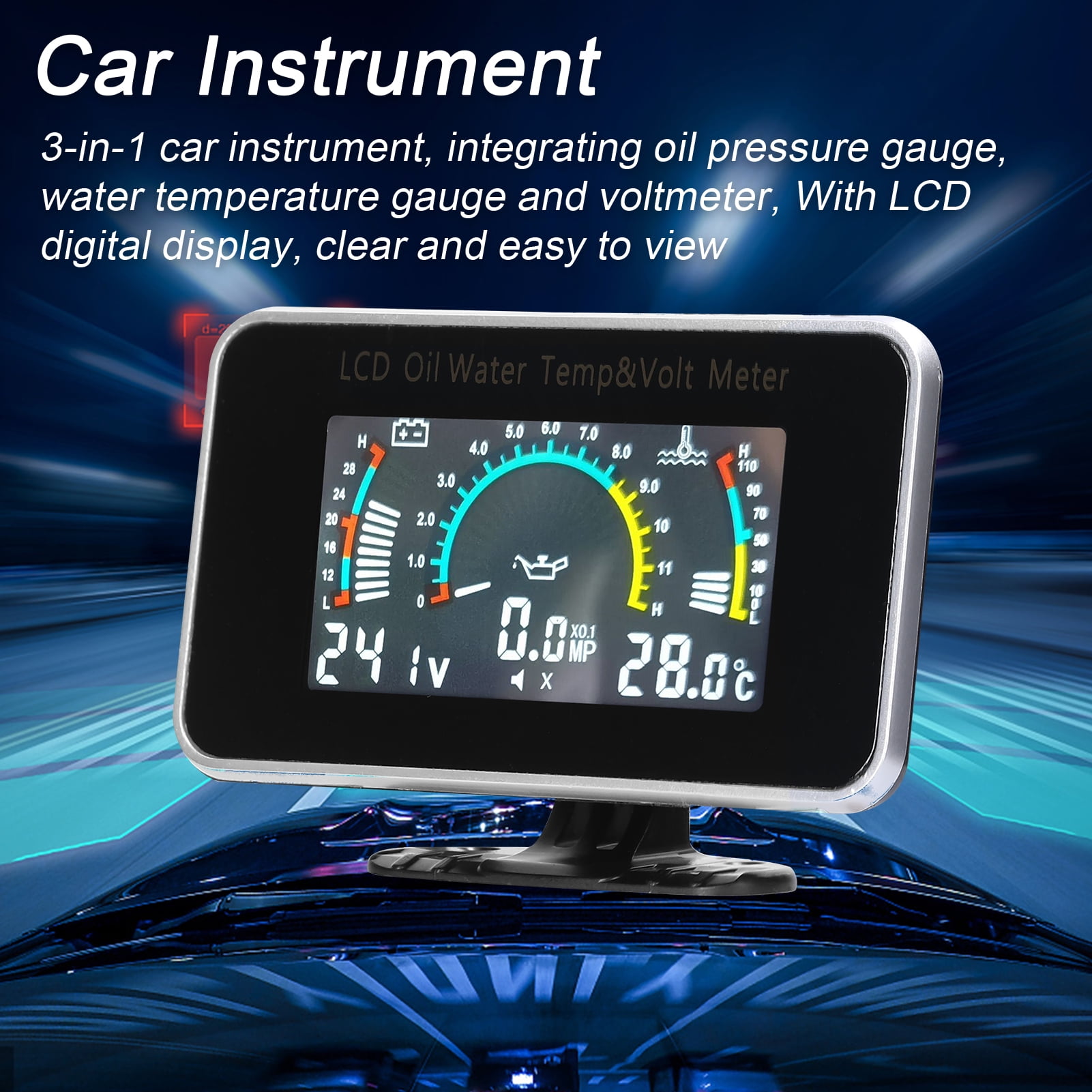 Meterk 3-in-1 Car LCD Meter Digital Oil Pressure Voltage Water