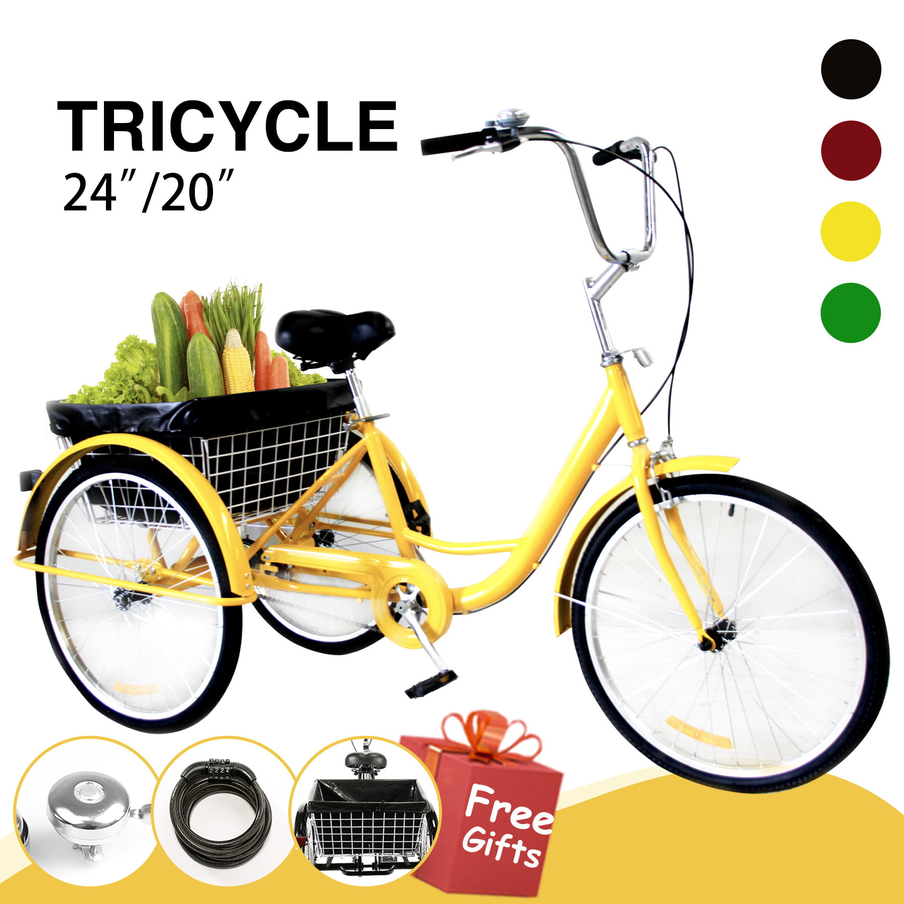 24'' Adult Tricycle 3 Wheel Bike 6 Speed Senior Bike w/Shopping Basket headlight 