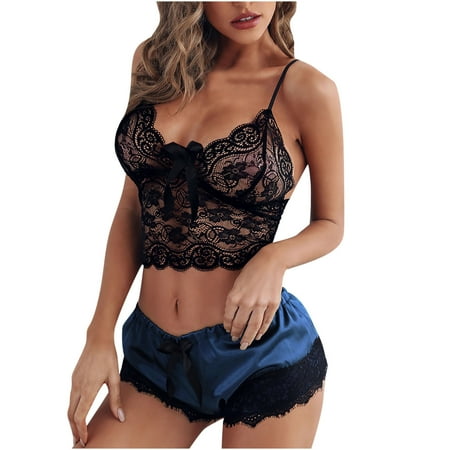 

Sexy Pajama Set for Women Spaghetti Strap Lace Cami and Shorts Two Piece Satin Lingerie Nightwear Sleepwear PJ Sets