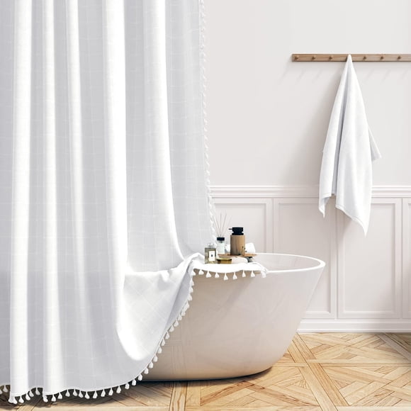 Rideau de Douche Extra Long, 72x96 Pouces Bohème Chic en Tissu de Lin, Ensemble de Rideau de Douche Robuste avec Crochets en Plastique, Grands Rideaux de Douche en Tissu à Franges Style Ferme Moderne pour Salle de Bain, Blanc
