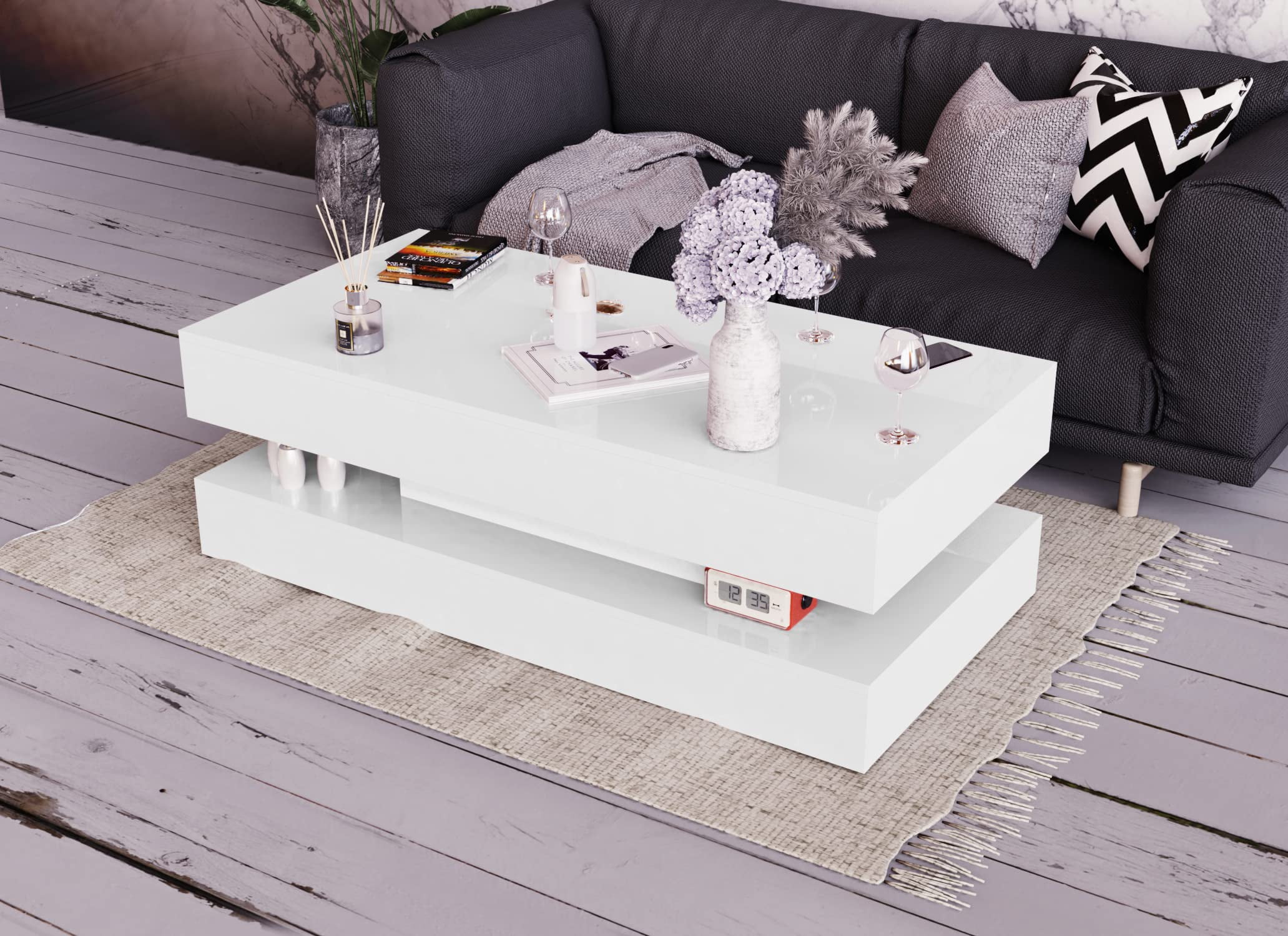 LED Coffee Table with 2 Storage Drawers, Modern High Gloss Black Coffee