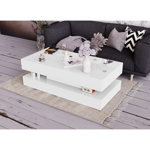 LED Coffee Table with 2 Storage Drawers, Modern High Gloss Black Coffee