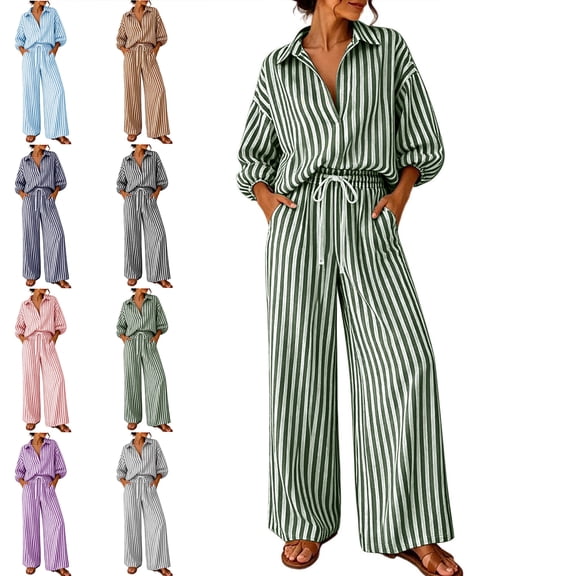 MLCDZ Summer Sets for Women Striped Button Down 3/4 Sleeve Collared Neck Top and Drawstring Wide Leg Pants Loungewear Vacation Outfits with Pockets
