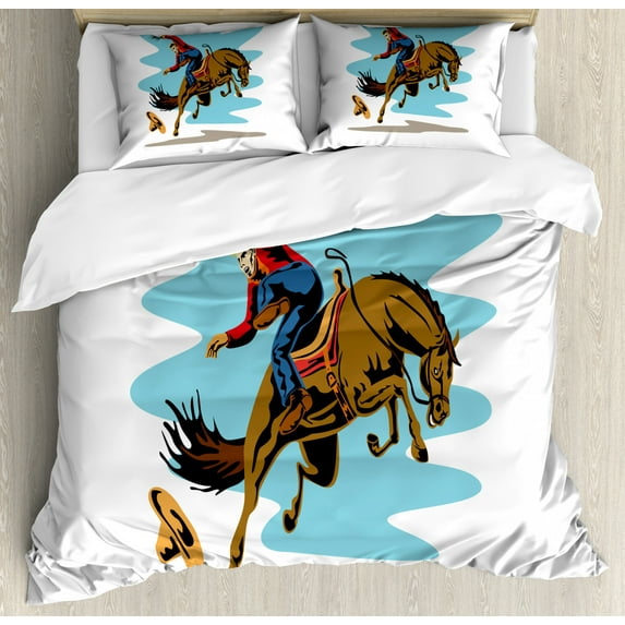 Rodeo Duvet Cover Set Queen Size, Cowboy Failing off His Horse in an Arena Old West Exotic Sports Digital Graphic, Decorative 3 Piece Bedding Set with 2 Pillow Shams, Multicolor, by Ambesonne