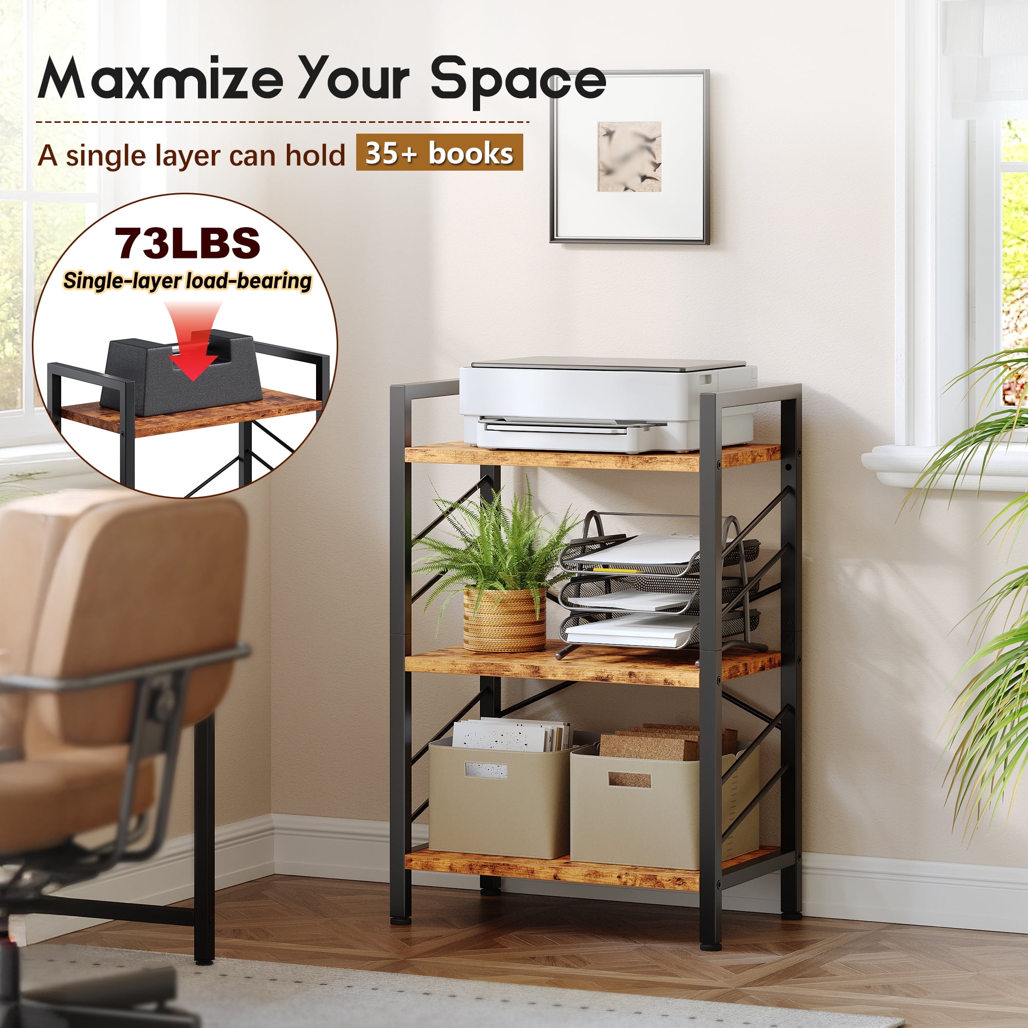EnHomee 3-Tier Industrial Bookcase with Metal Frame & Side Support, Rustic Brown Compact Bookshelf for Bedroom, Home Office, Living Room Storage