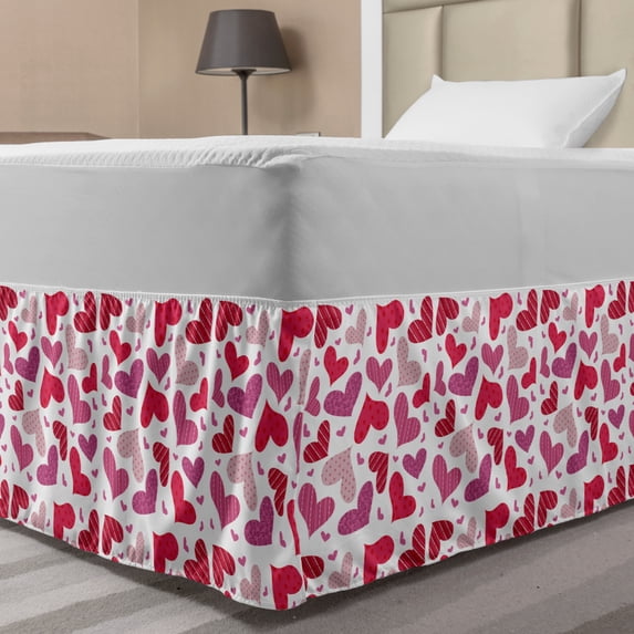 Valentines Bed Skirt, Doodle Hand Drawns Love and Affection with Many Patterns, Elastic Bedskirt Dust Ruffle Wrap Around for Bedding Decor, 4 Sizes, Pink Ruby Dried Rose, by Ambesonne