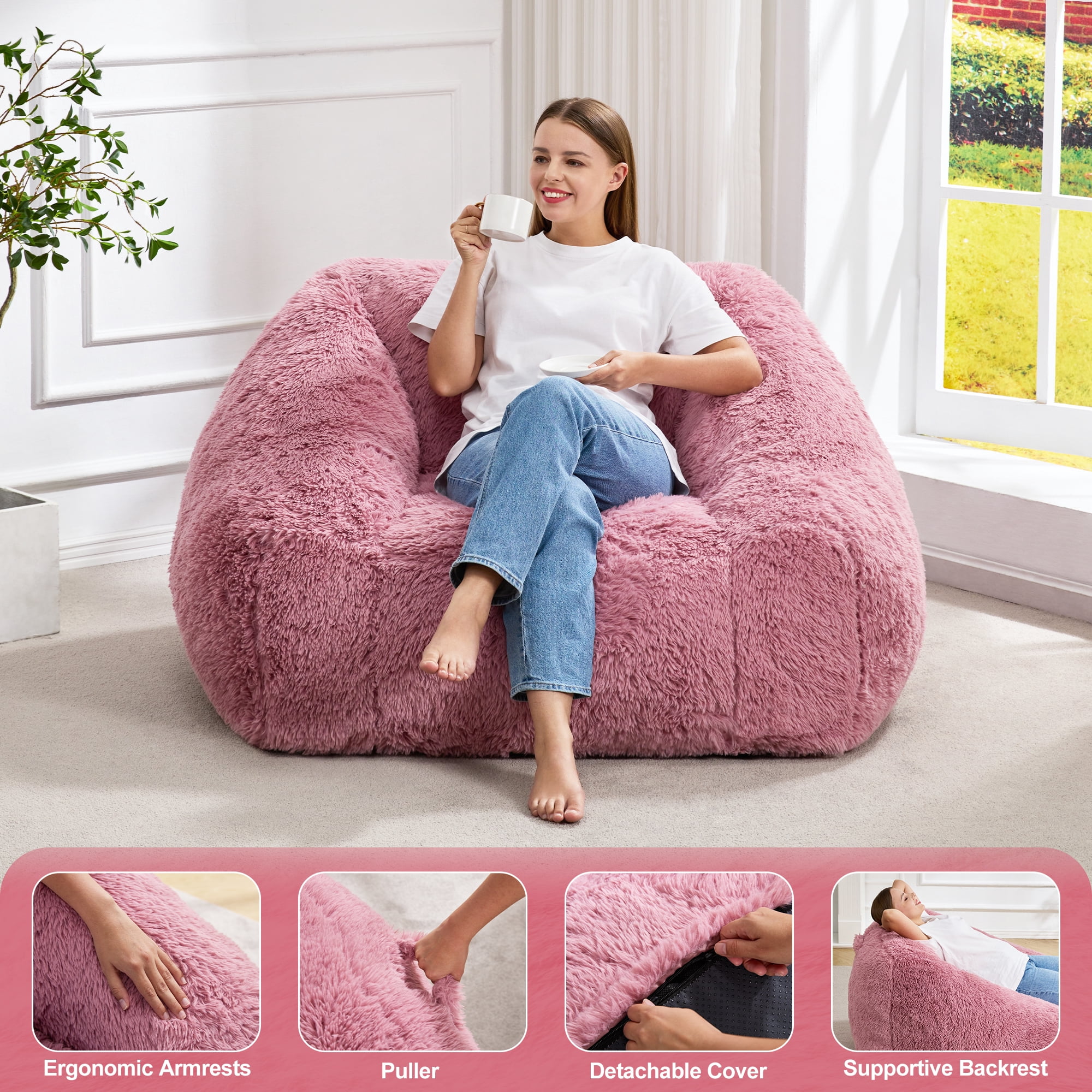 Hobestluk Oversized Bean Bag Chair for Adults with Filler, Large Cozy Reading Chair, Comfortable Lounge Chair for Living Room and Bedroom (Pink Plush)