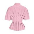 thumbnail image 6 of SSZMDLB Women Collared Short Sleeve Button Down Pleated Peplum Top Casual Blouse Solid Basic Shirt Office Outfits Summer Work Tops, Pink S, 6 of 7