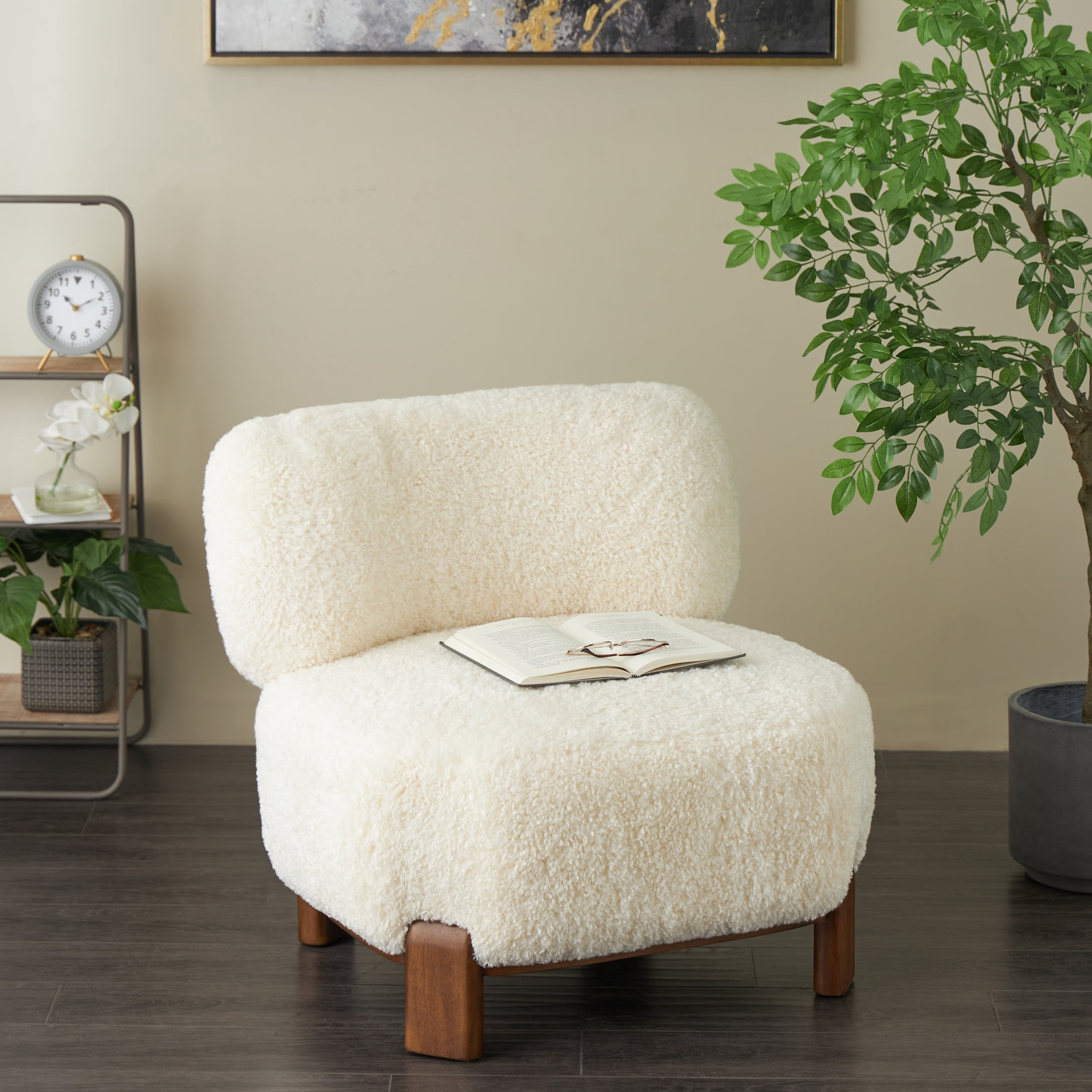 DecMode Polyester Lounge Chair with Brown Wooden Legs, White