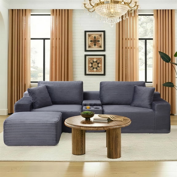 Aukfa 111" Cloud Sectional Sofa Deep Seat Boneless Couch with USB&Cupholdes Storage Console, Modular L-Shaped Couch for Living Room, Corduroy, Gray
