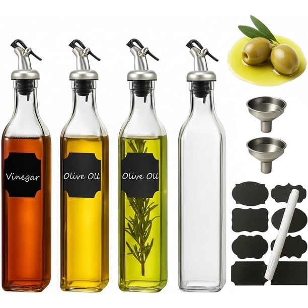 Dispensador de Aceite Vidrio 500ml Pack 4 Boquilla Anti Goteo Embudo Acero Etiquetas para Cocina Vinagre Líquidos