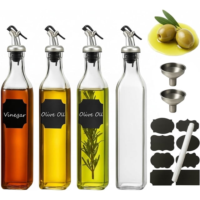 Dispensador de Aceite Vidrio 500ml Pack 4 Boquilla Anti Goteo Embudo Acero Etiquetas para Cocina Vinagre Líquidos