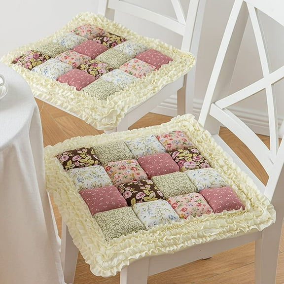 Zhuge Ruffled Patchwork Chair Cushion Pad with Ties No Slip Kitchen Dining Cotton Seat Cushion, 2 Pack ,Yellow, 18"x18"